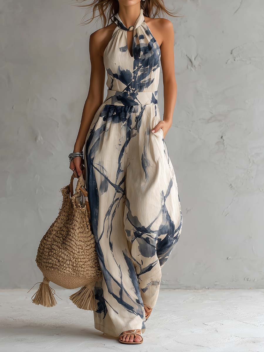 Hanabi | Ink Wash Print Halter Jumpsuit