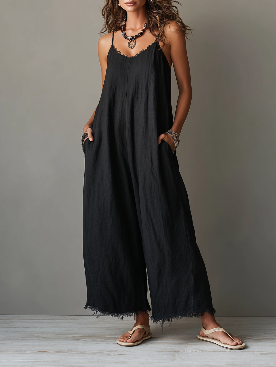 Esme | Linen-Blend Lace Trim Wide-Leg Jumpsuit