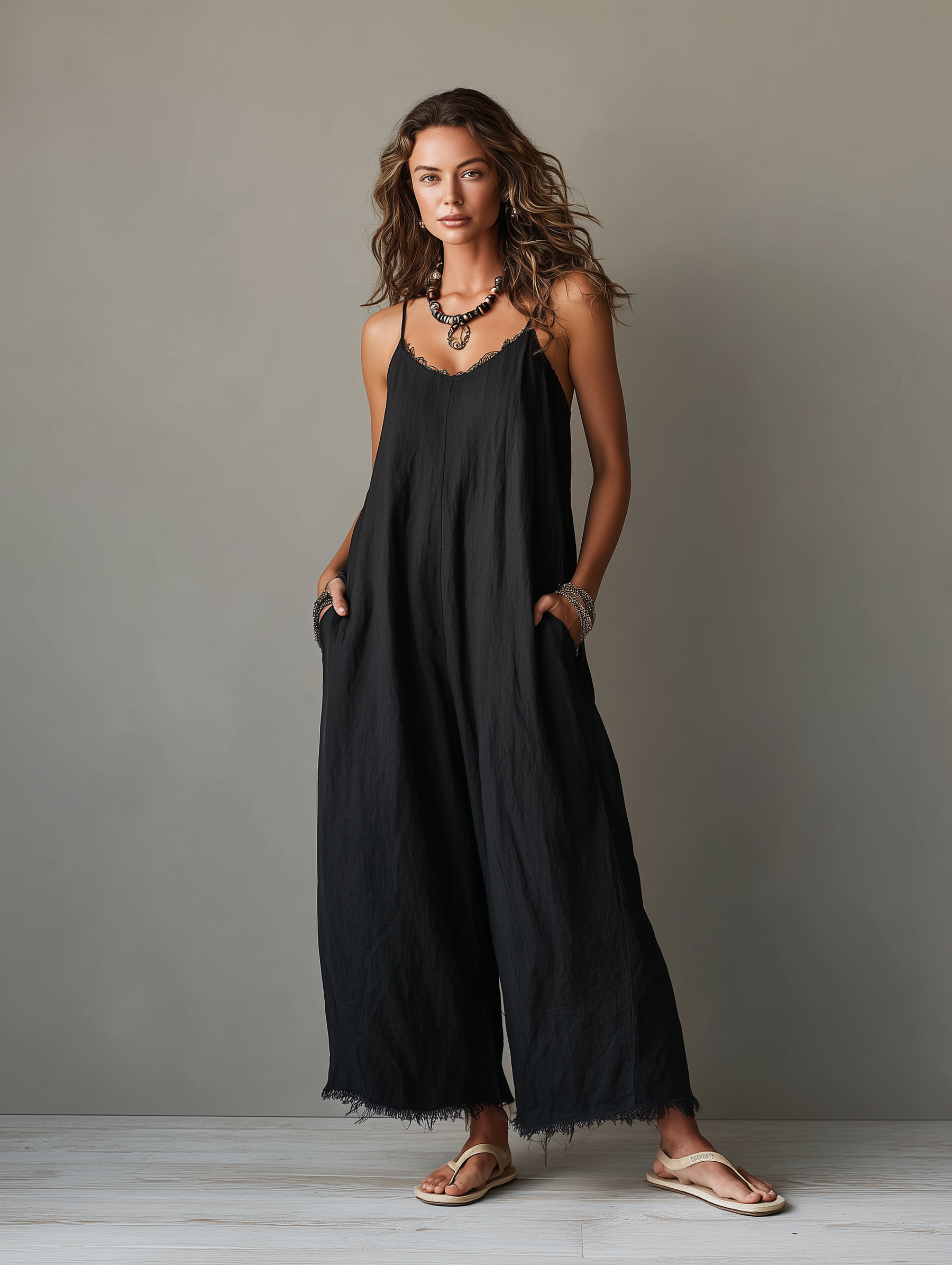 Esme | Linen-Blend Lace Trim Wide-Leg Jumpsuit