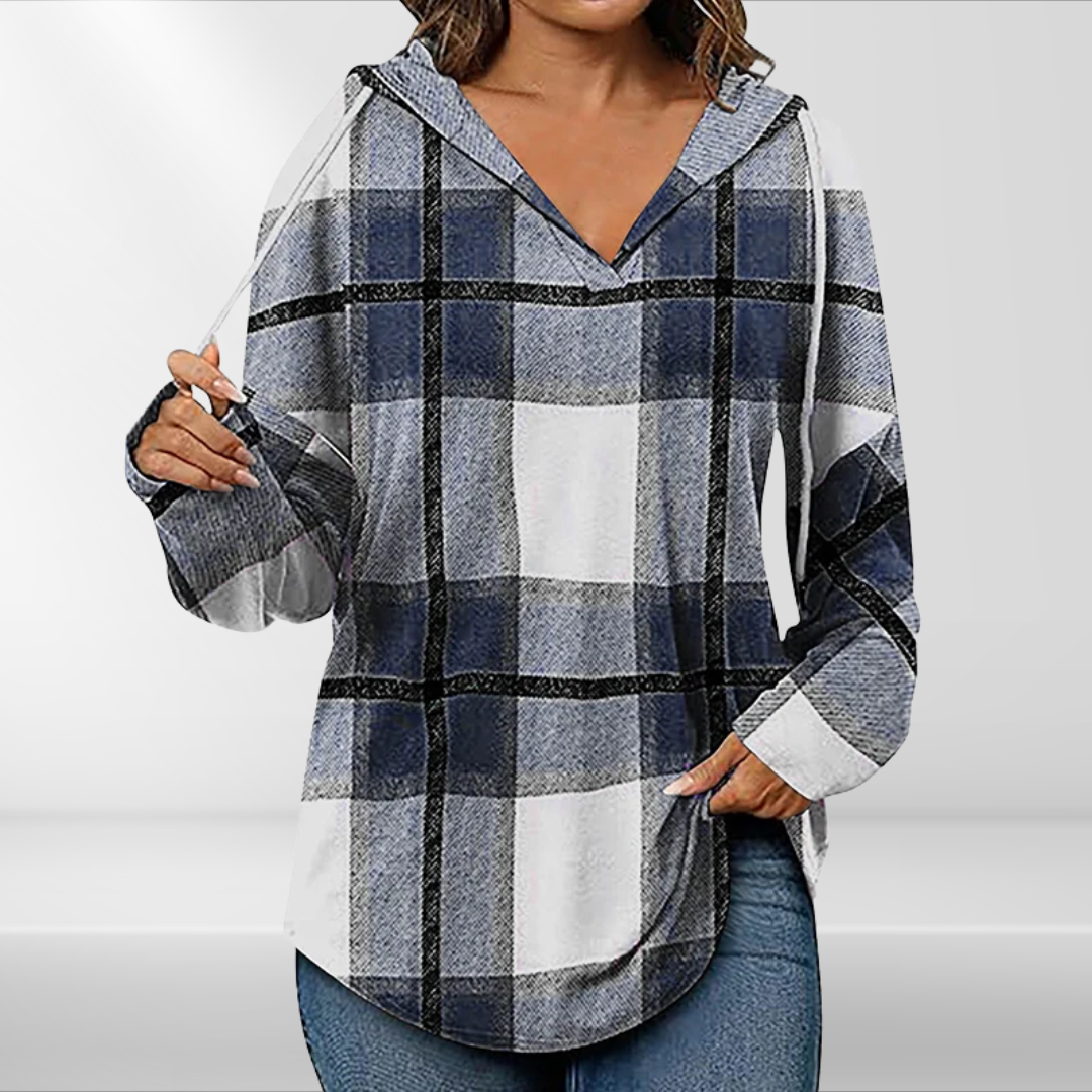 Lynn | Checked Hooded Drawstring V-Neck Top
