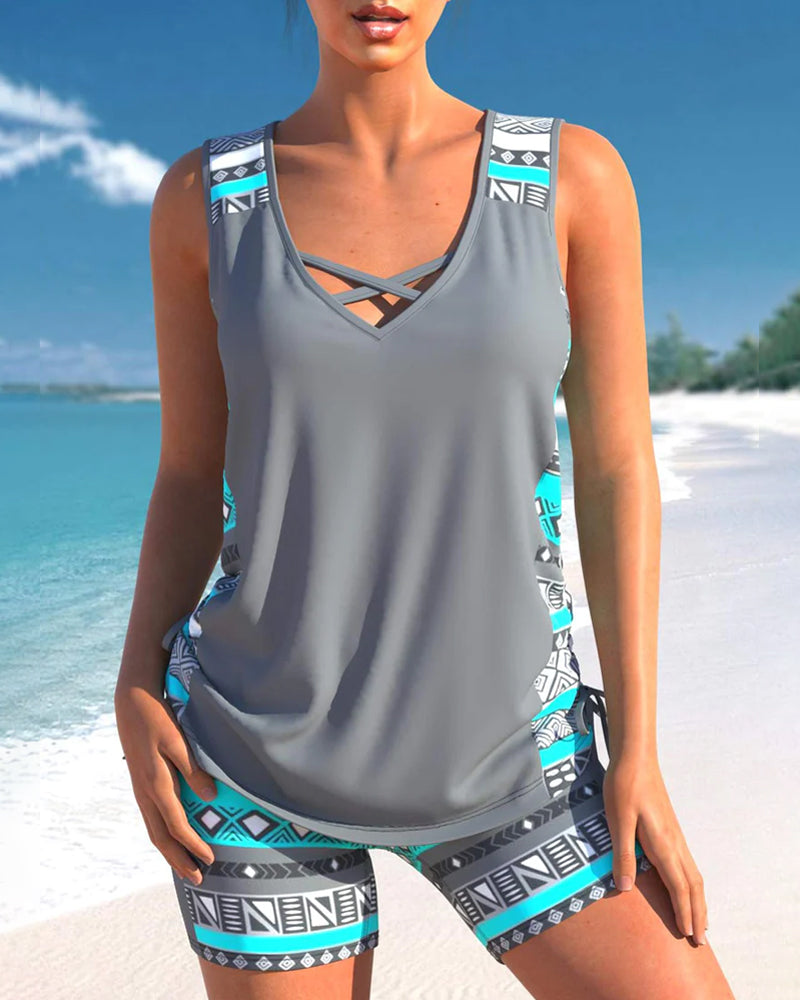 Sharel | Geometric Print Tankini Set