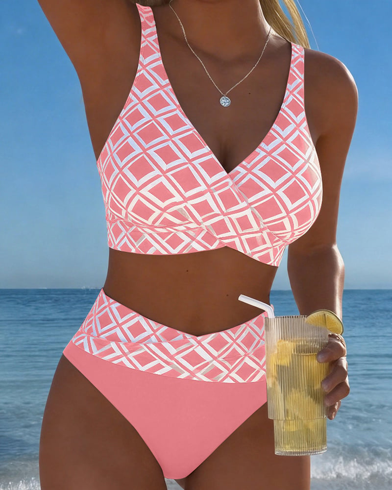 Nadia | Geometric Print High-Waist Bikini Set