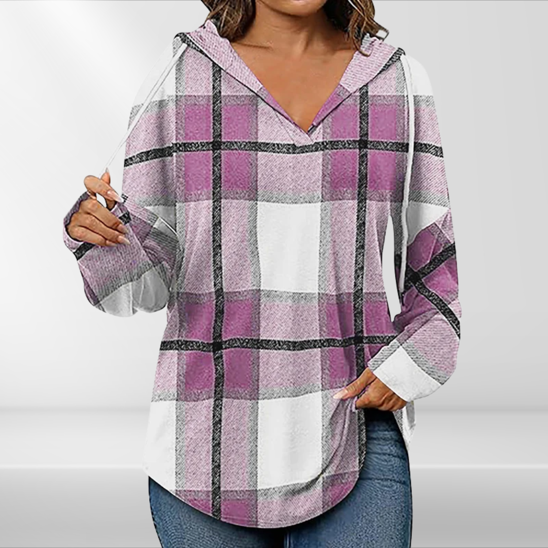 Lynn | Checked Hooded Drawstring V-Neck Top