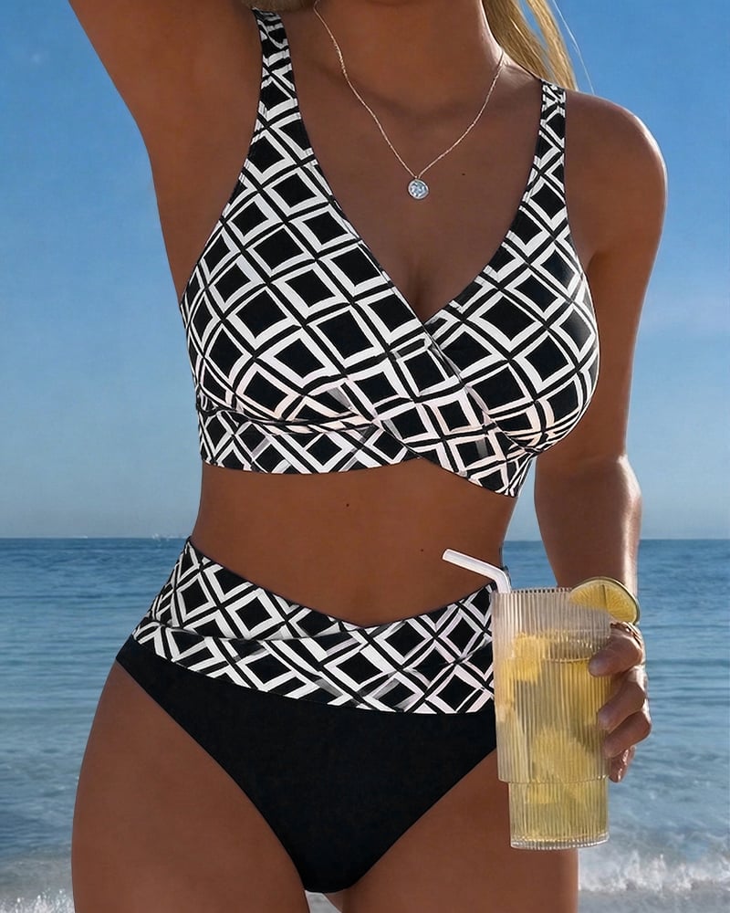 Nadia | Geometric Print High-Waist Bikini Set