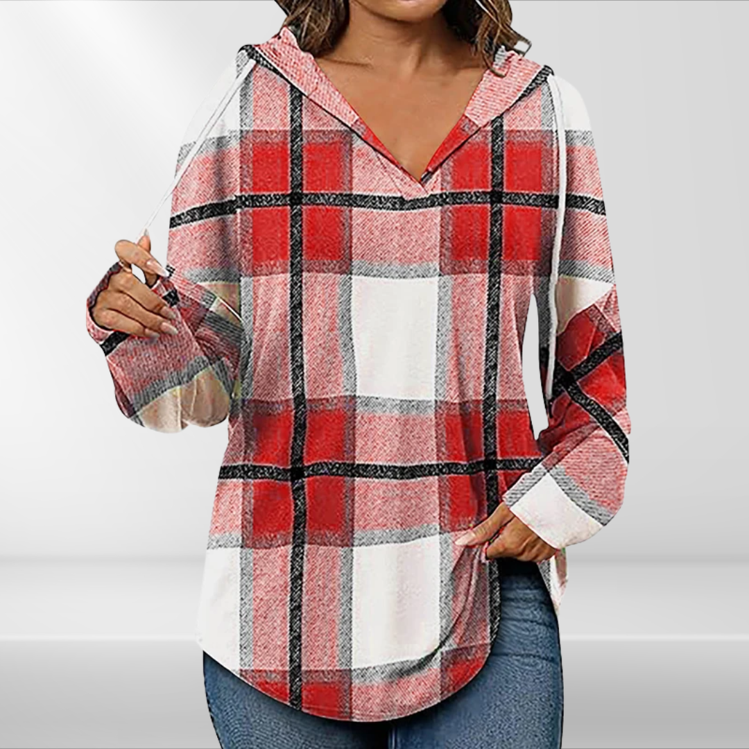 Lynn | Checked Hooded Drawstring V-Neck Top