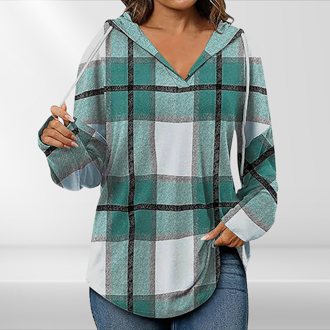 Lynn | Checked Hooded Drawstring V-Neck Top