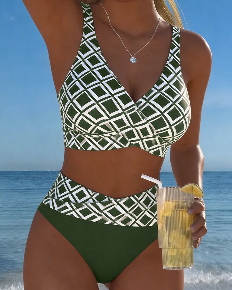 Nadia | Geometric Print High-Waist Bikini Set