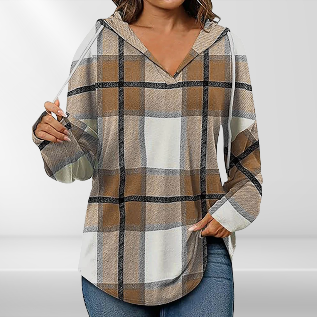 Lynn | Checked Hooded Drawstring V-Neck Top