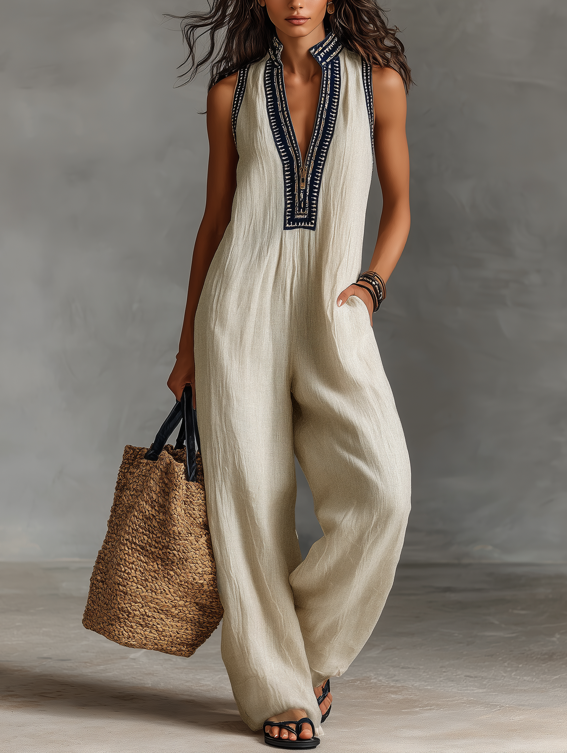 Sage | Embroidered Linen Sleeveless Jumpsuit
