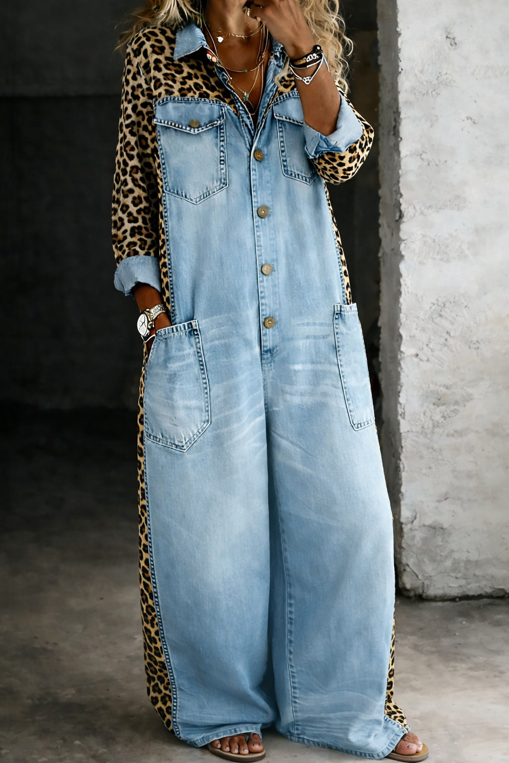 Grace | Leopard Panel Denim Shirt Jumpsuit