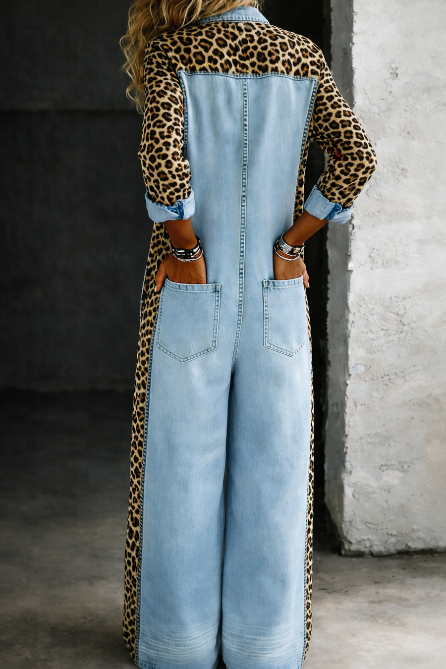 Grace | Leopard Panel Denim Shirt Jumpsuit