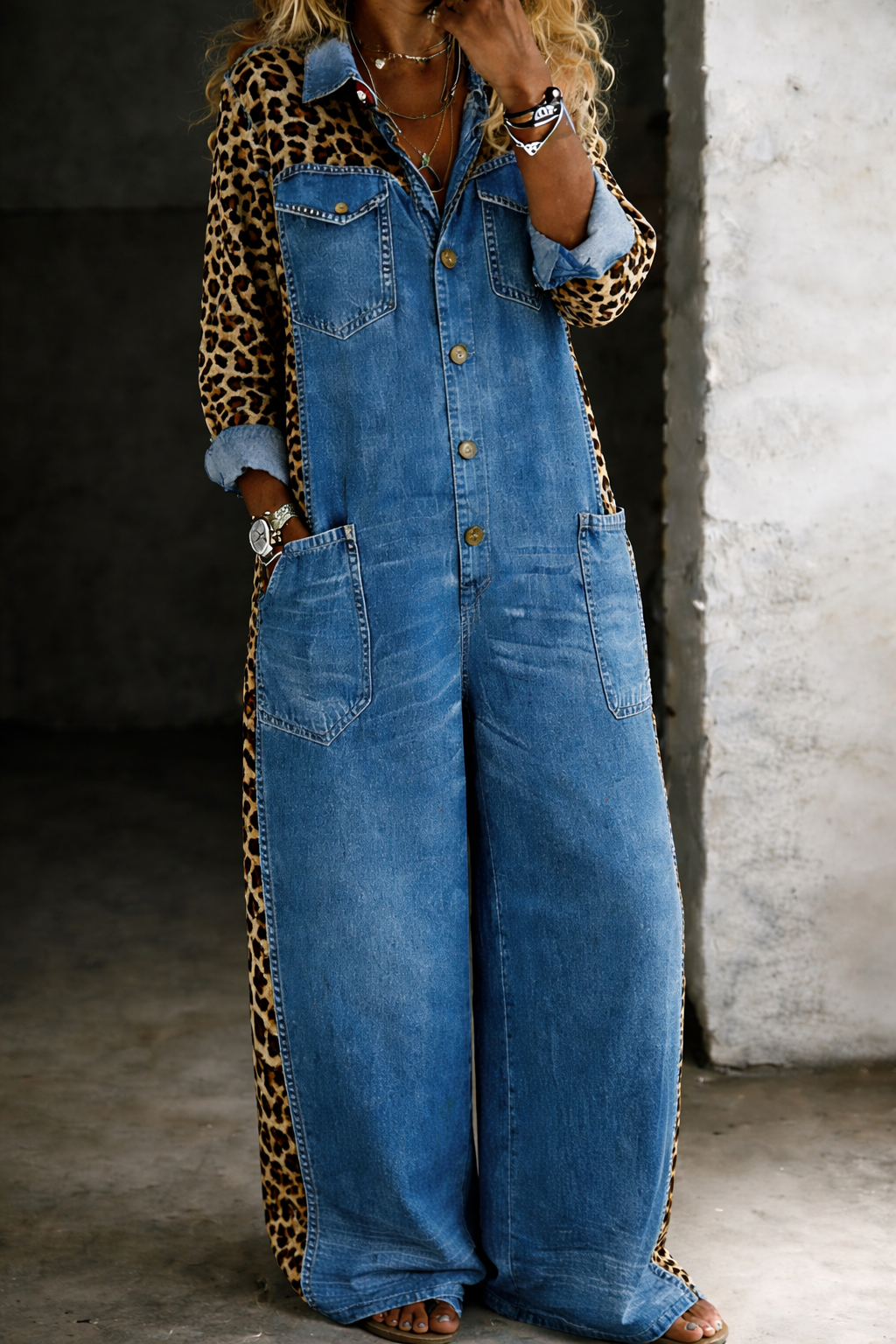 Grace | Leopard Panel Denim Shirt Jumpsuit