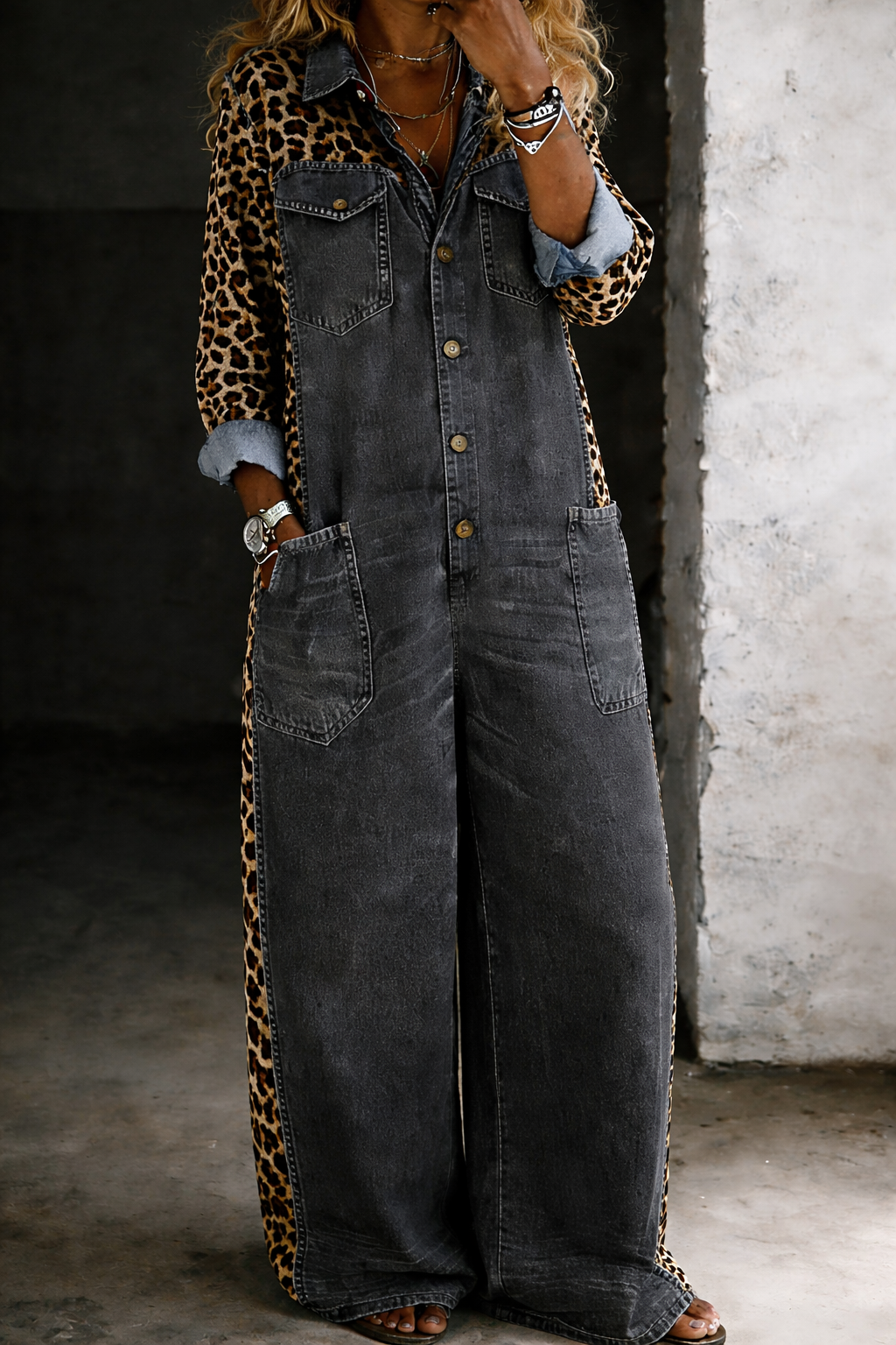 Grace | Leopard Panel Denim Shirt Jumpsuit