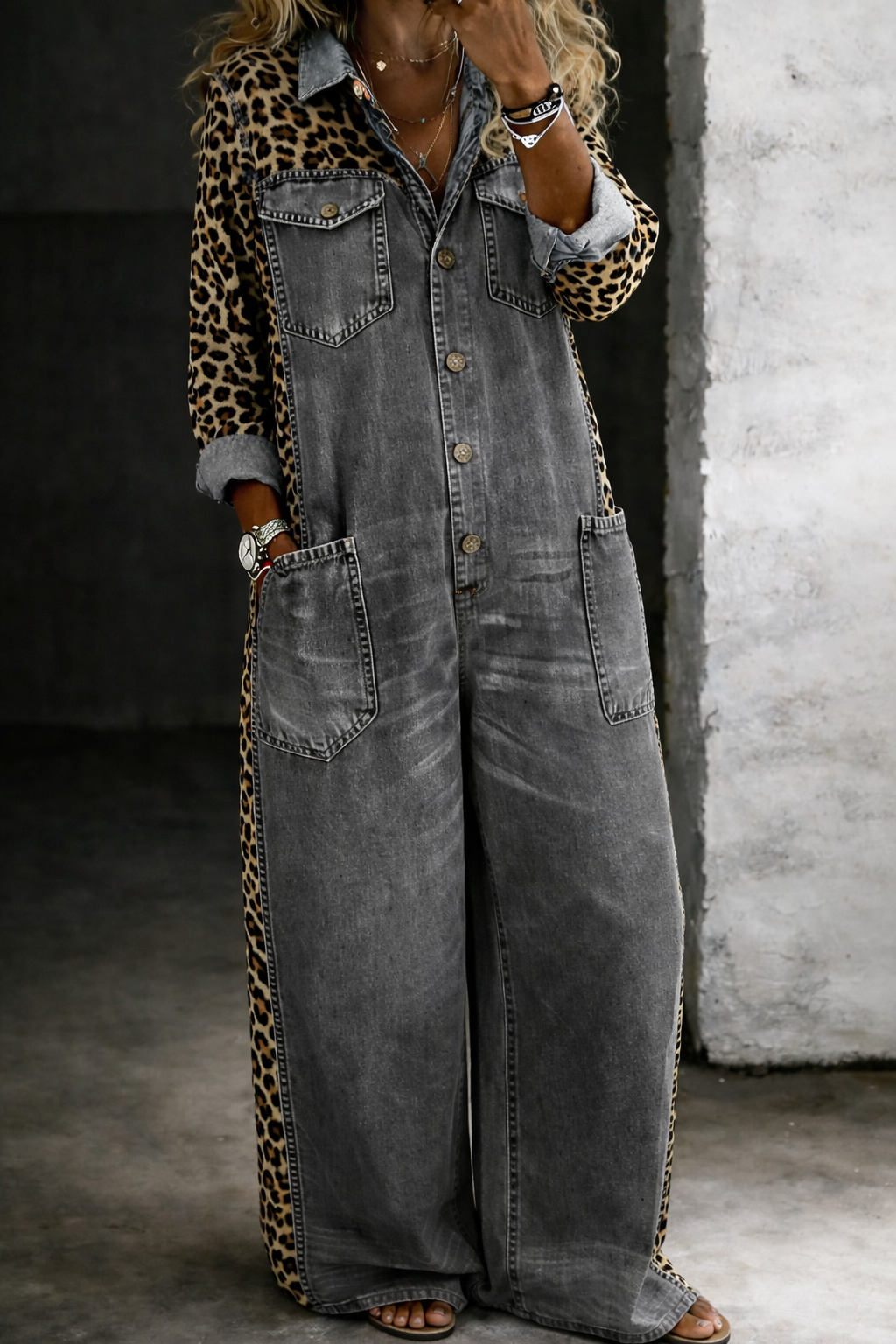Grace | Leopard Panel Denim Shirt Jumpsuit