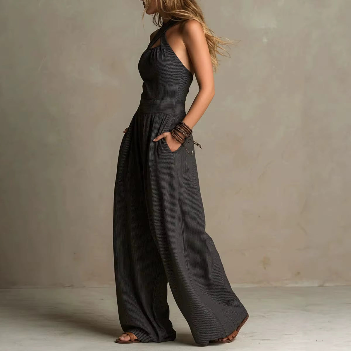 Wren | Crossover Halter Wide-Leg Jumpsuit
