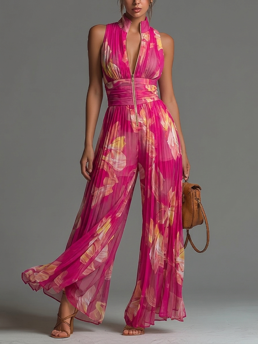 Nicole | Floral Print Pleated Wide-Leg Jumpsuit