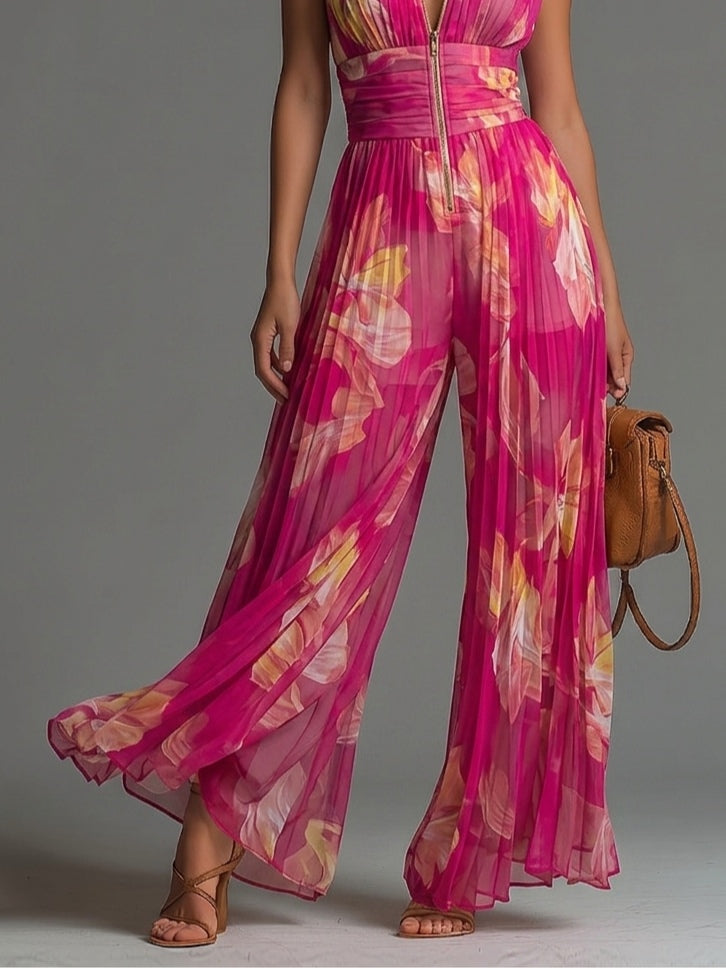 Nicole | Floral Print Pleated Wide-Leg Jumpsuit