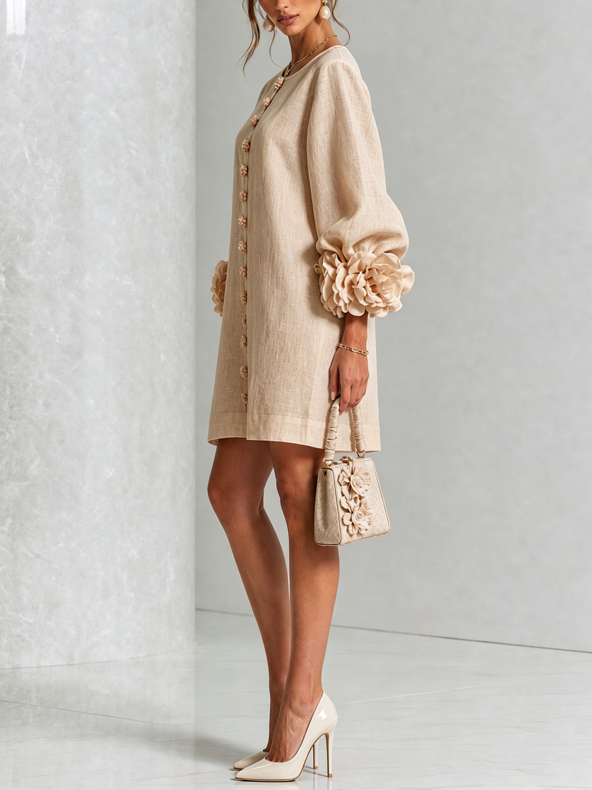 Amara Elegant Mini Dress with Floral Buttons