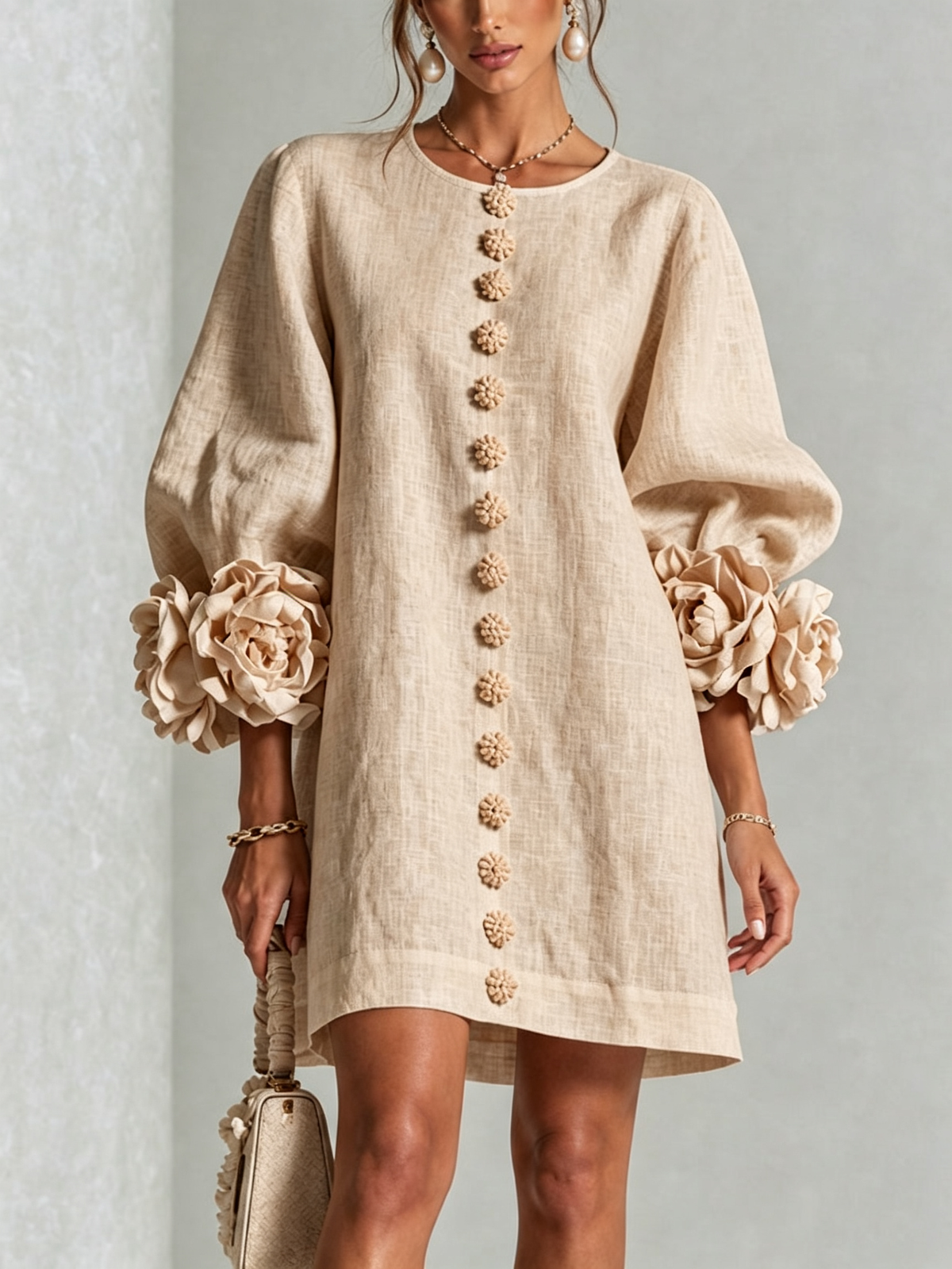 Amara Elegant Mini Dress with Floral Buttons