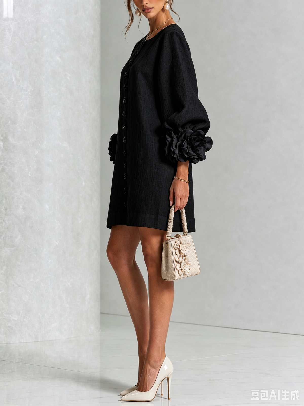 Amara Elegant Mini Dress with Floral Buttons