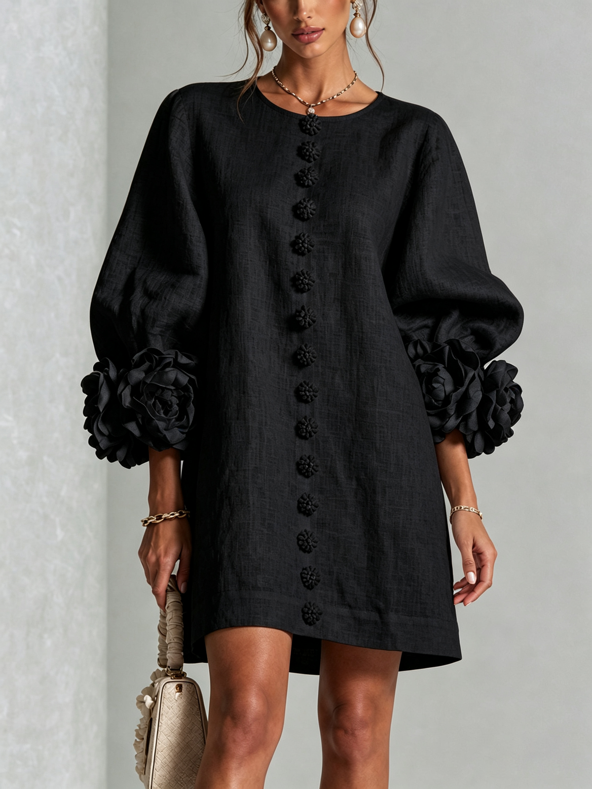 Amara Elegant Mini Dress with Floral Buttons