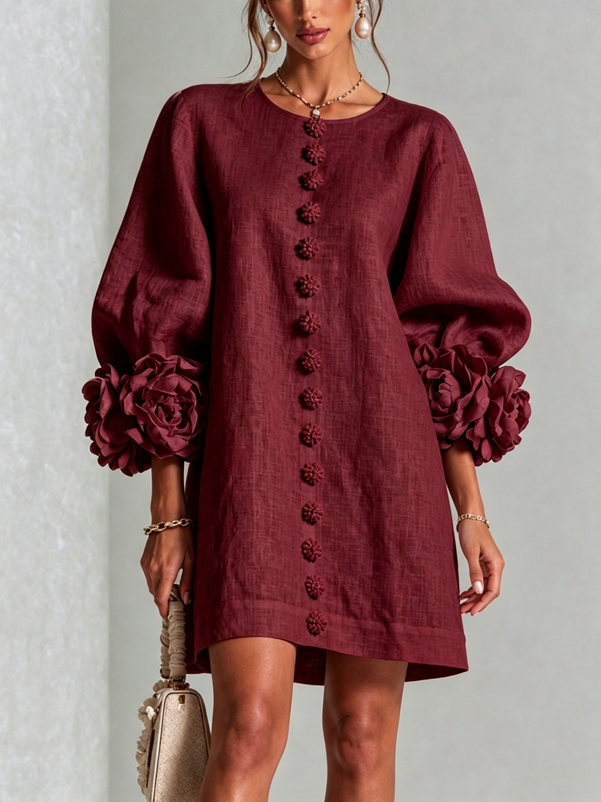 Amara Elegant Mini Dress with Floral Buttons