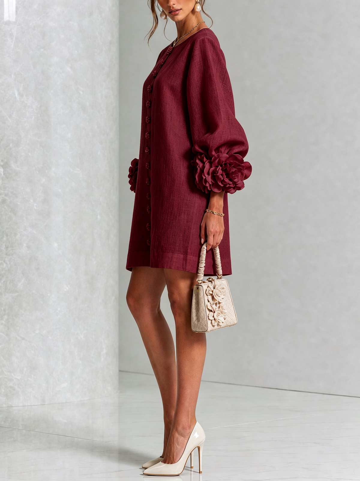 Amara Elegant Mini Dress with Floral Buttons