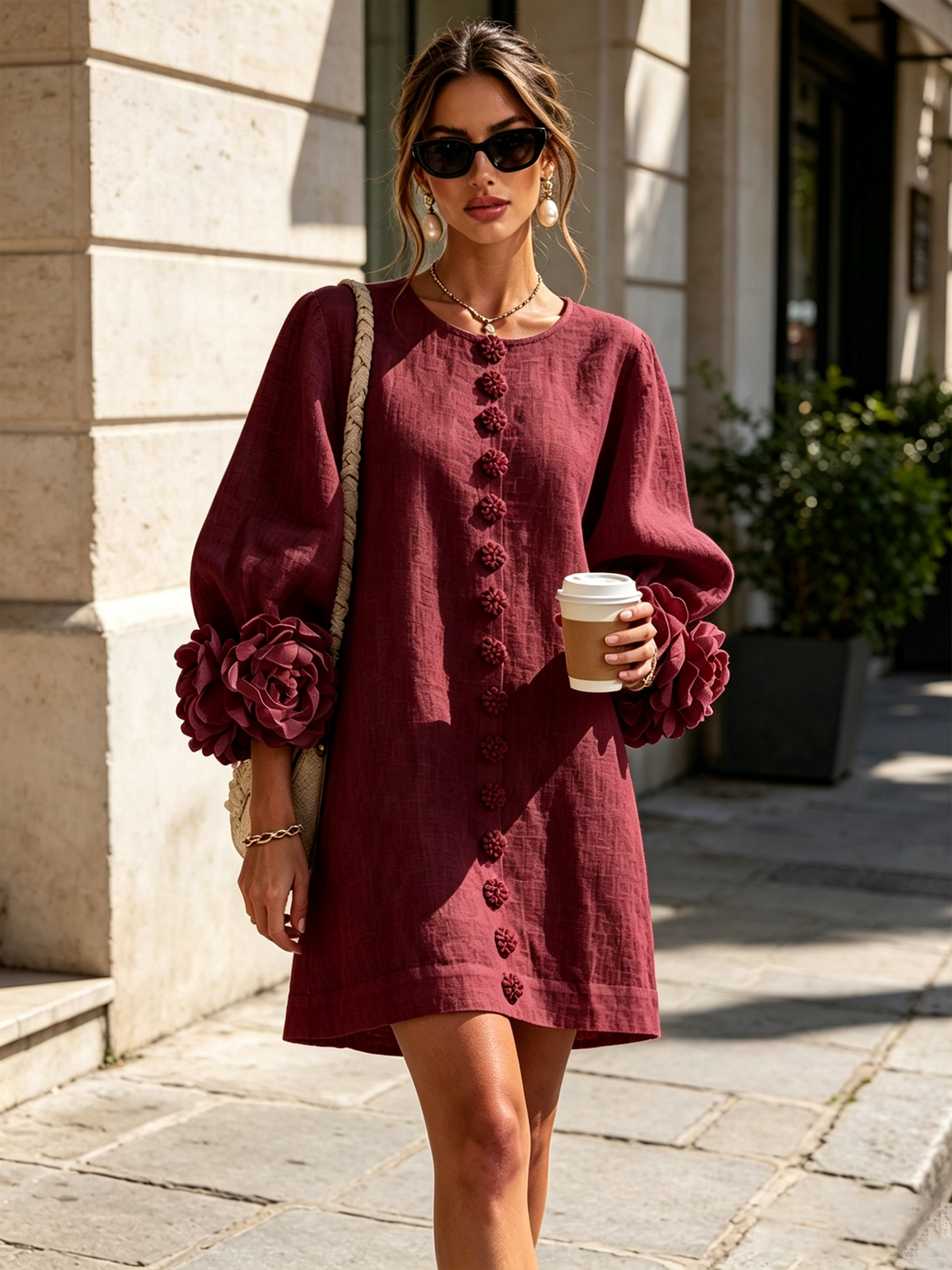 Amara Elegant Mini Dress with Floral Buttons