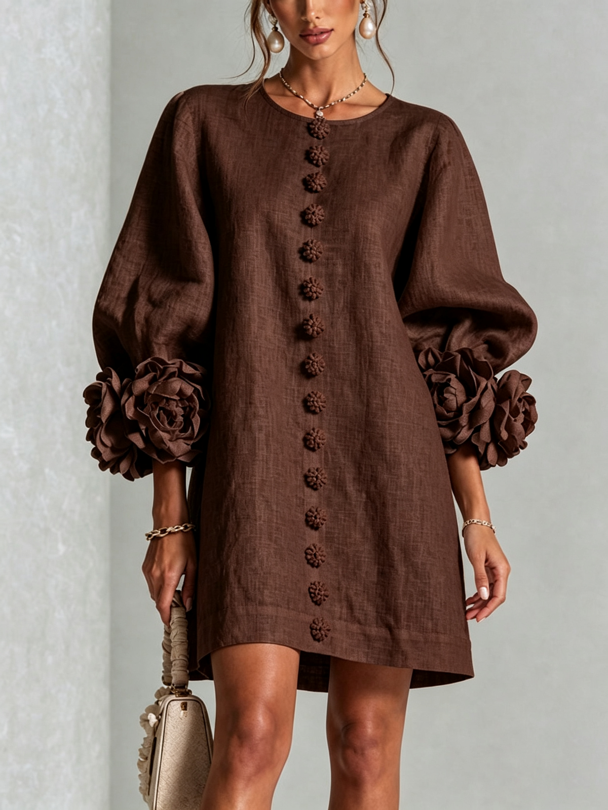Amara Elegant Mini Dress with Floral Buttons