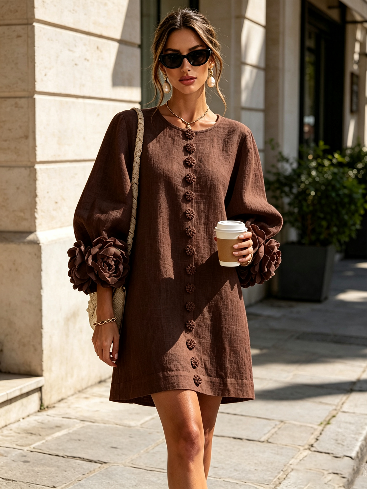 Amara Elegant Mini Dress with Floral Buttons