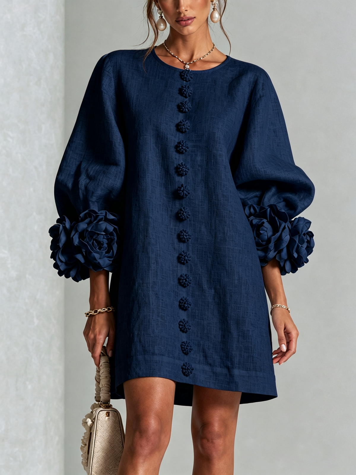 Amara Elegant Mini Dress with Floral Buttons