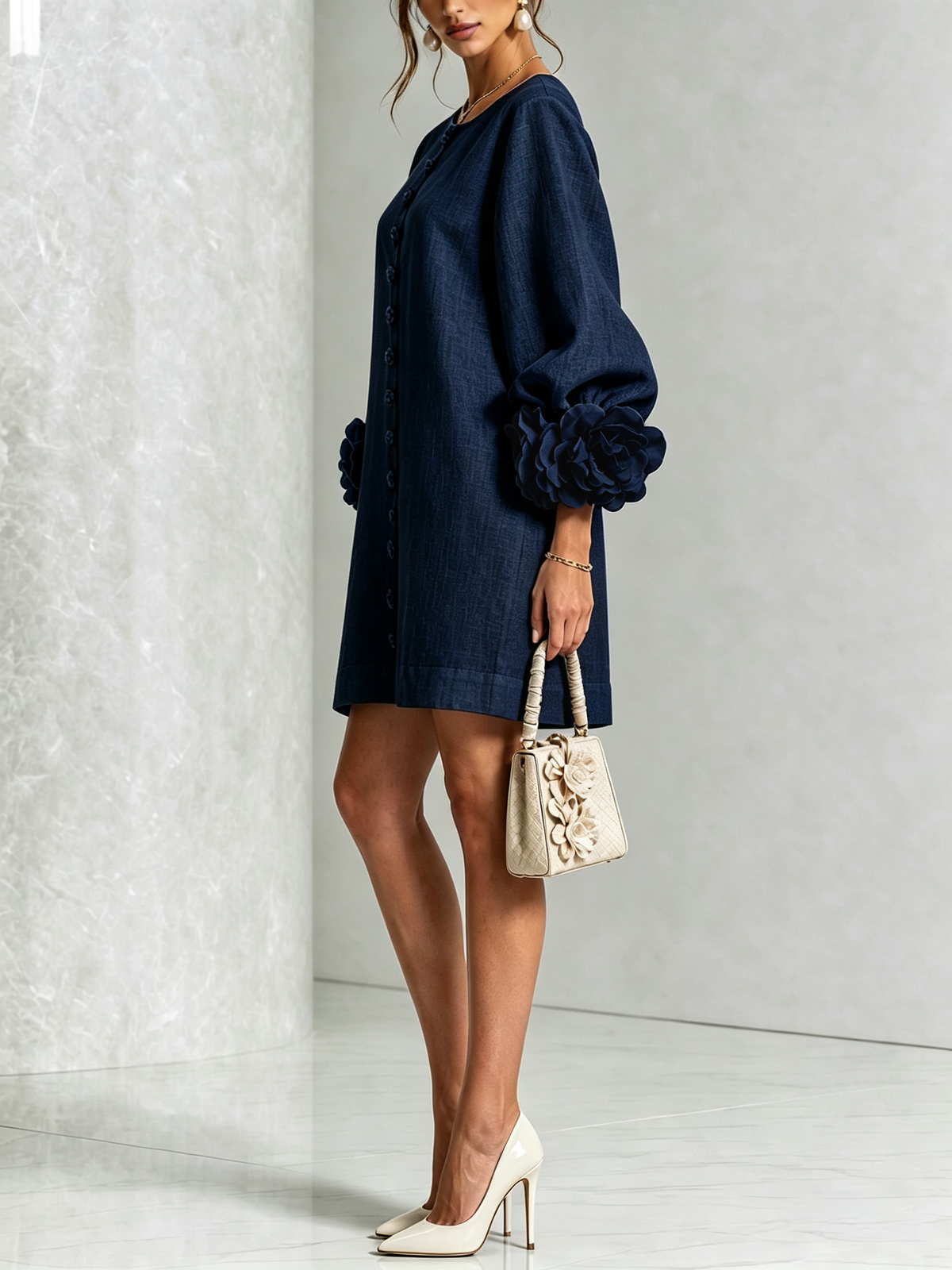 Amara Elegant Mini Dress with Floral Buttons