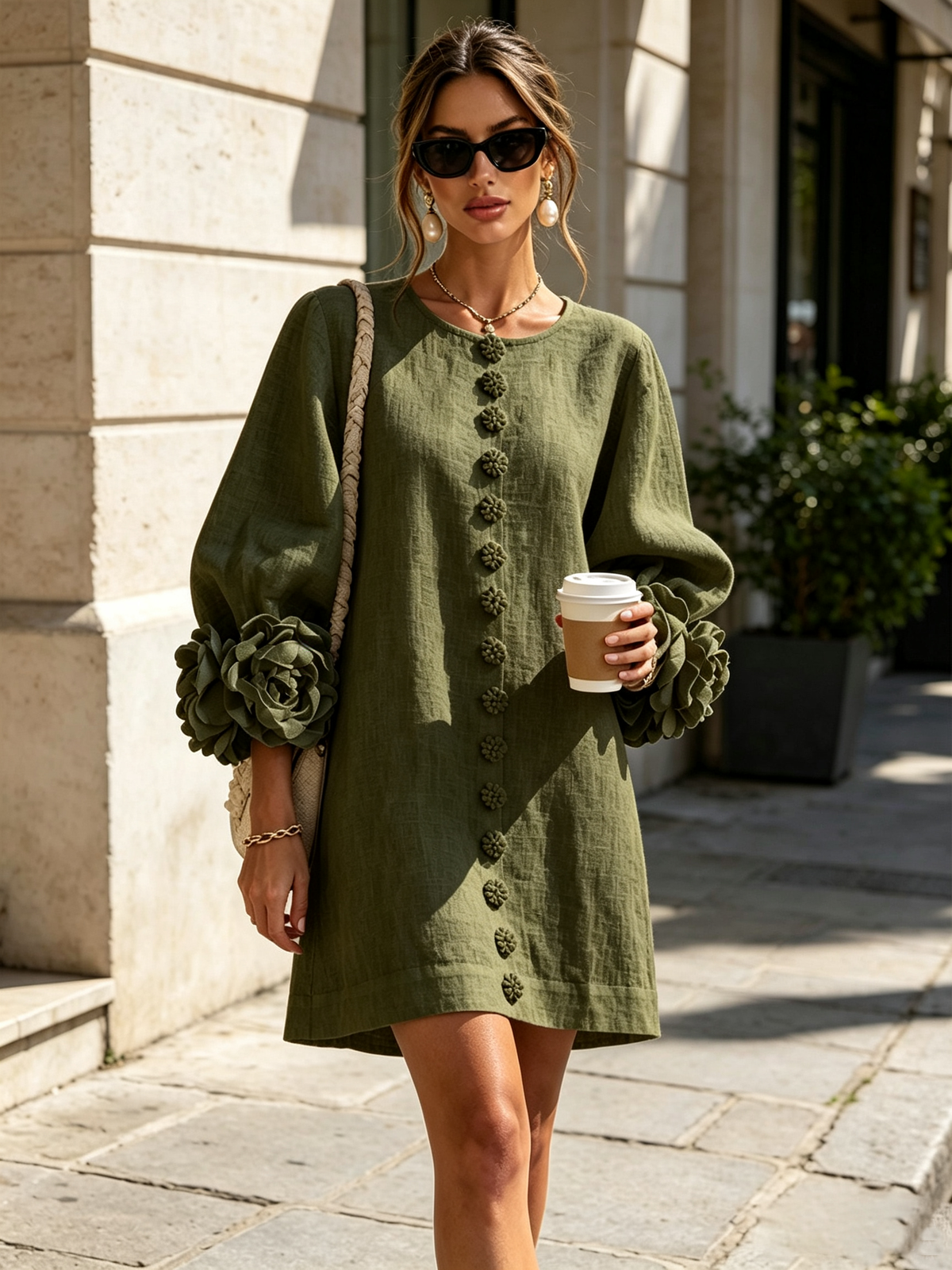 Amara Elegant Mini Dress with Floral Buttons