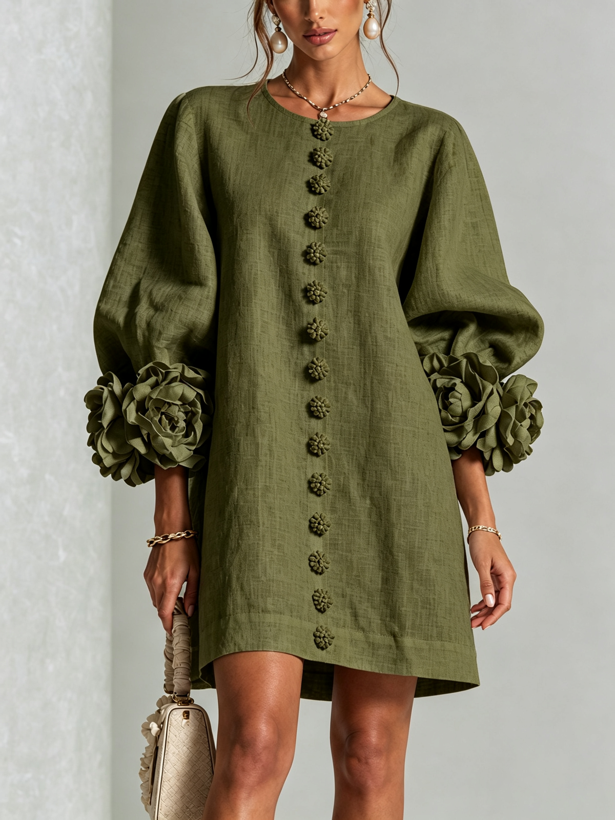 Amara Elegant Mini Dress with Floral Buttons