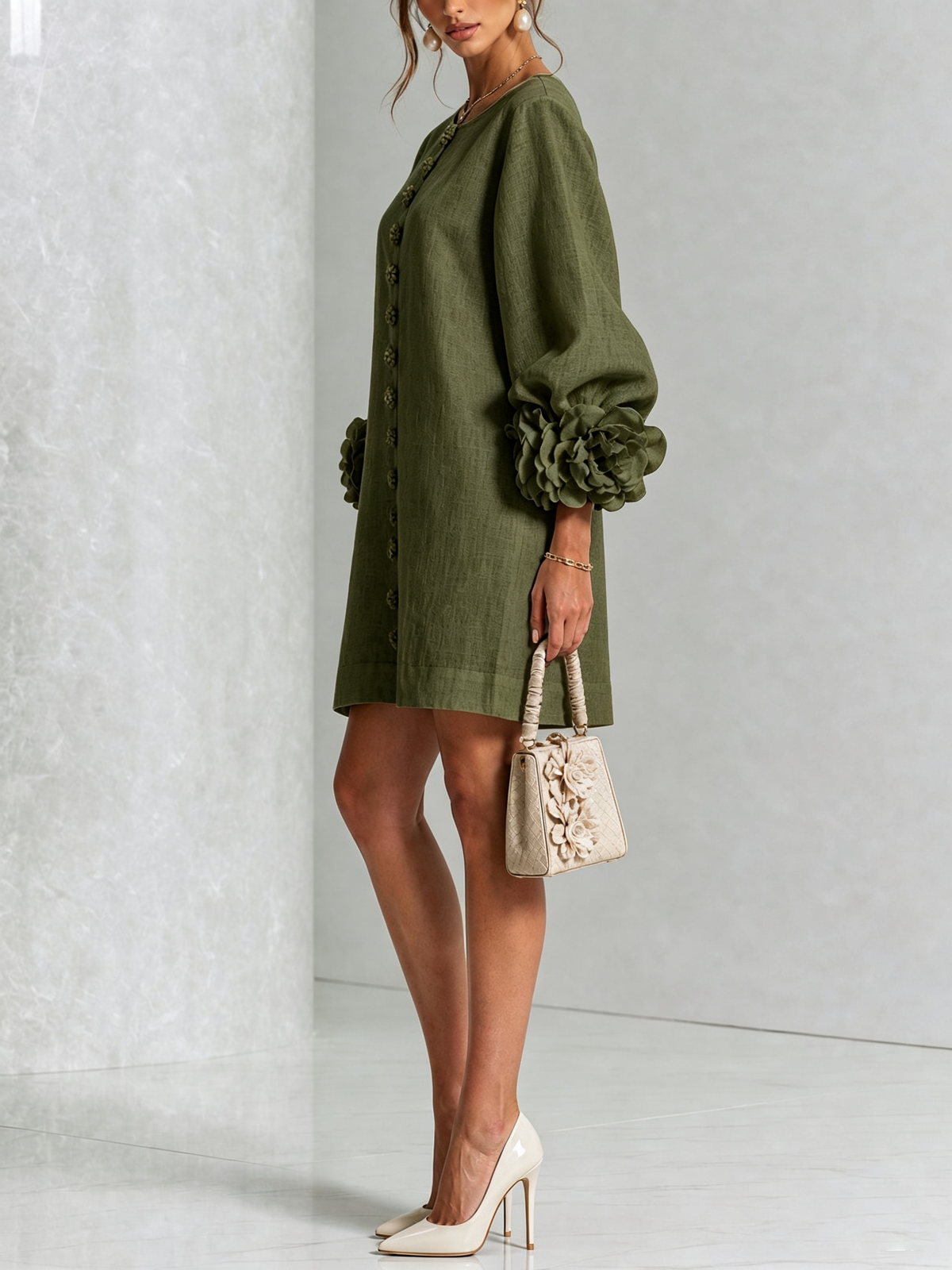 Amara Elegant Mini Dress with Floral Buttons