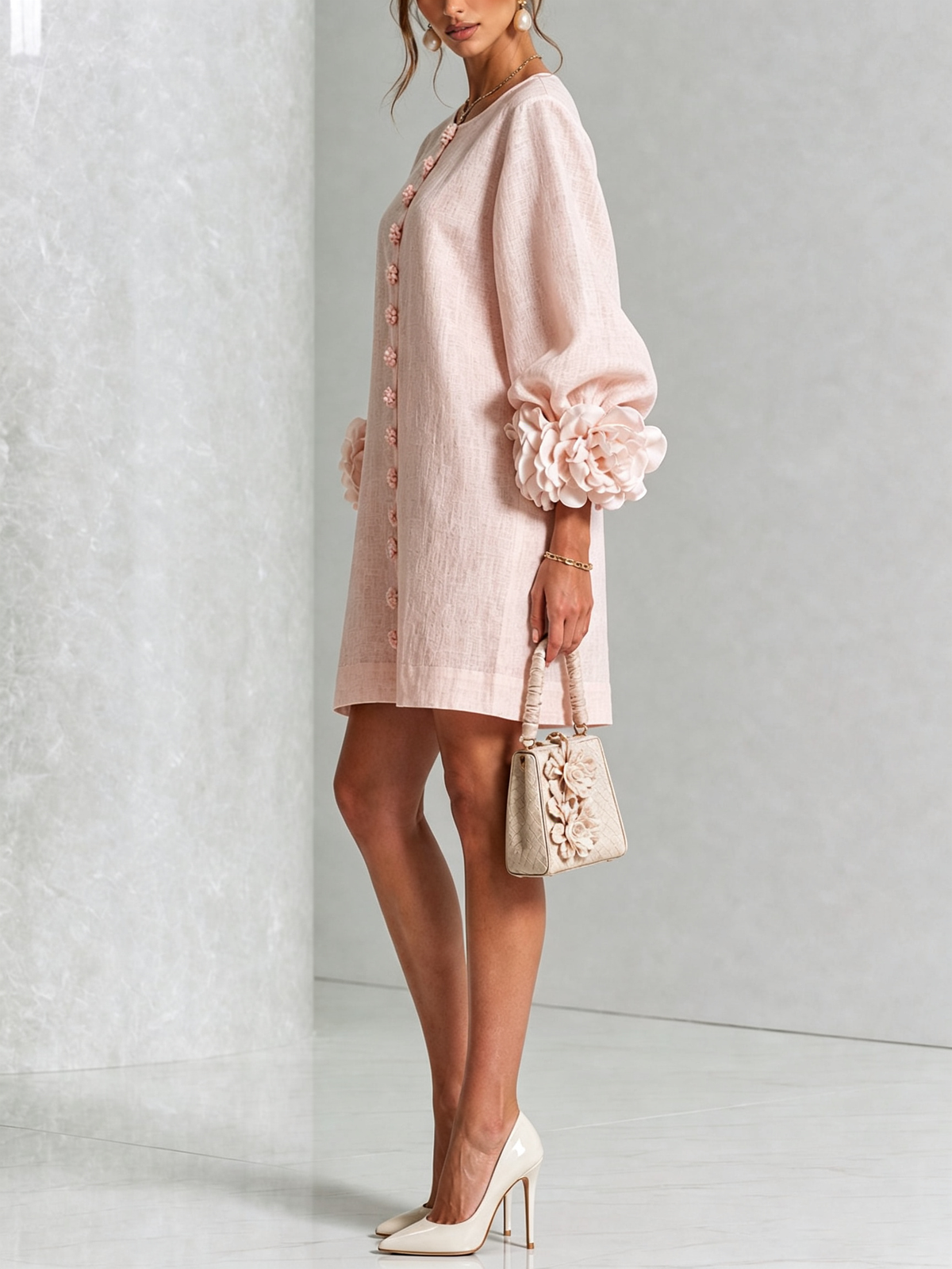 Amara Elegant Mini Dress with Floral Buttons