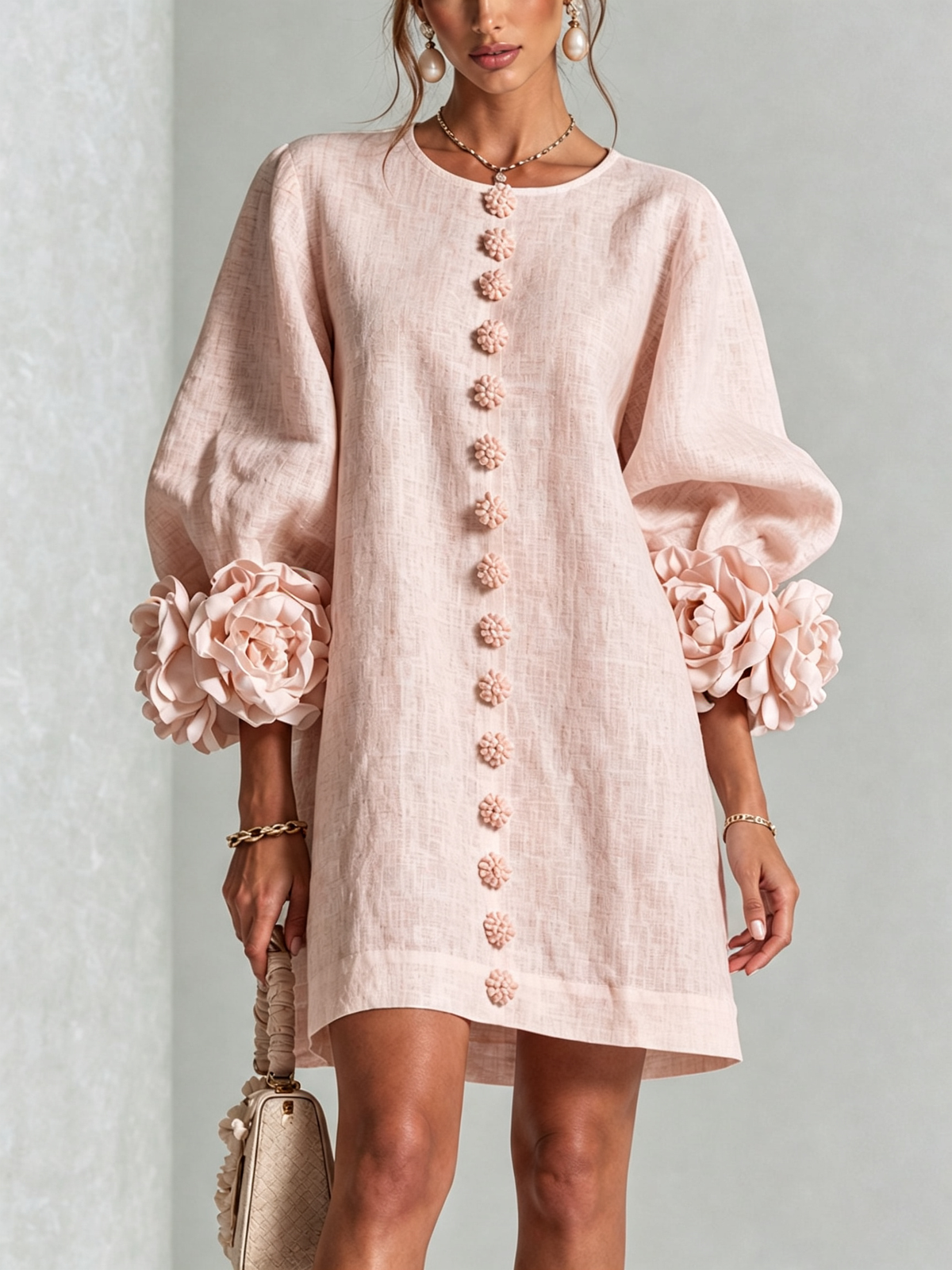 Amara Elegant Mini Dress with Floral Buttons