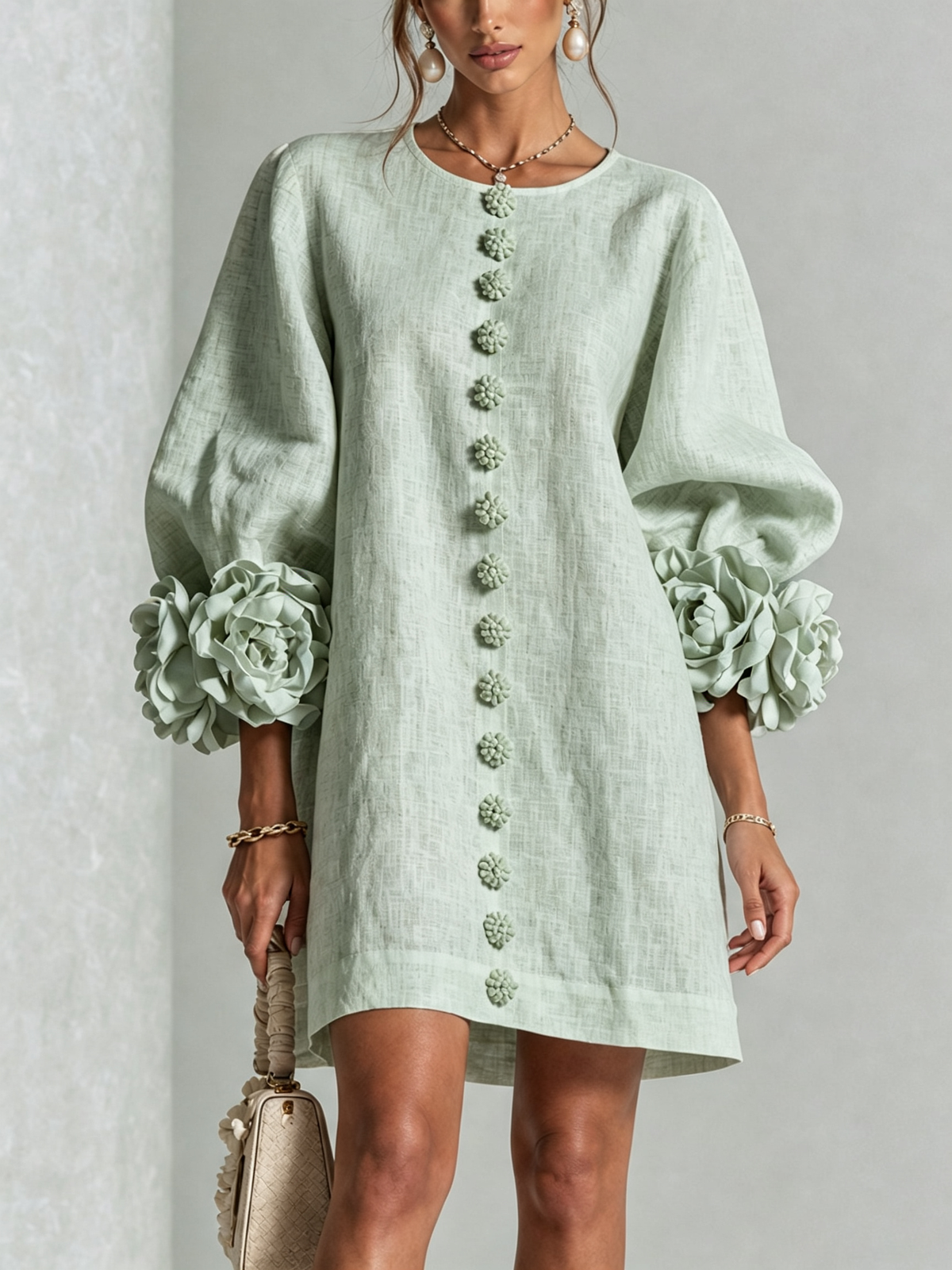 Amara Elegant Mini Dress with Floral Buttons