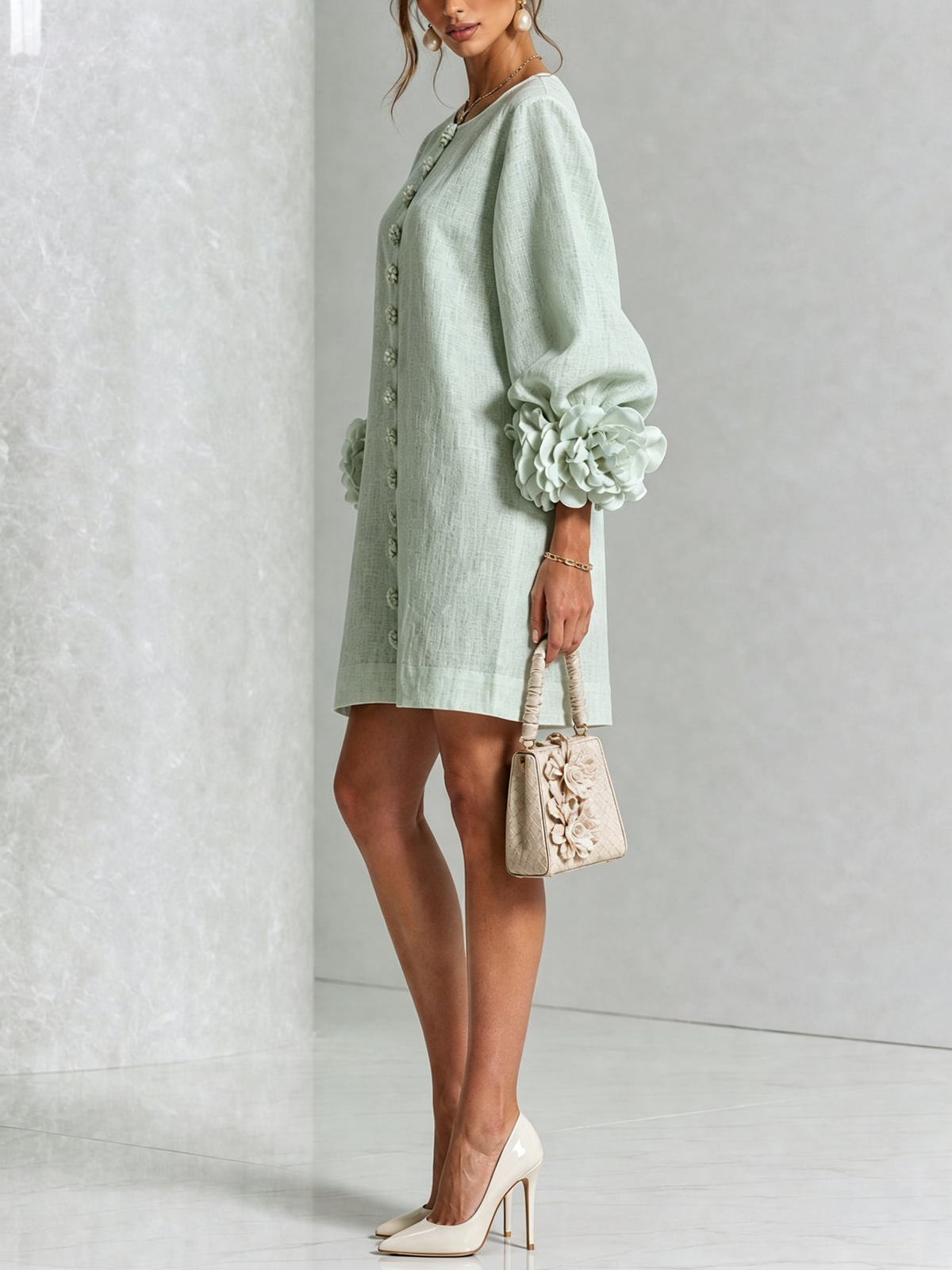 Amara Elegant Mini Dress with Floral Buttons