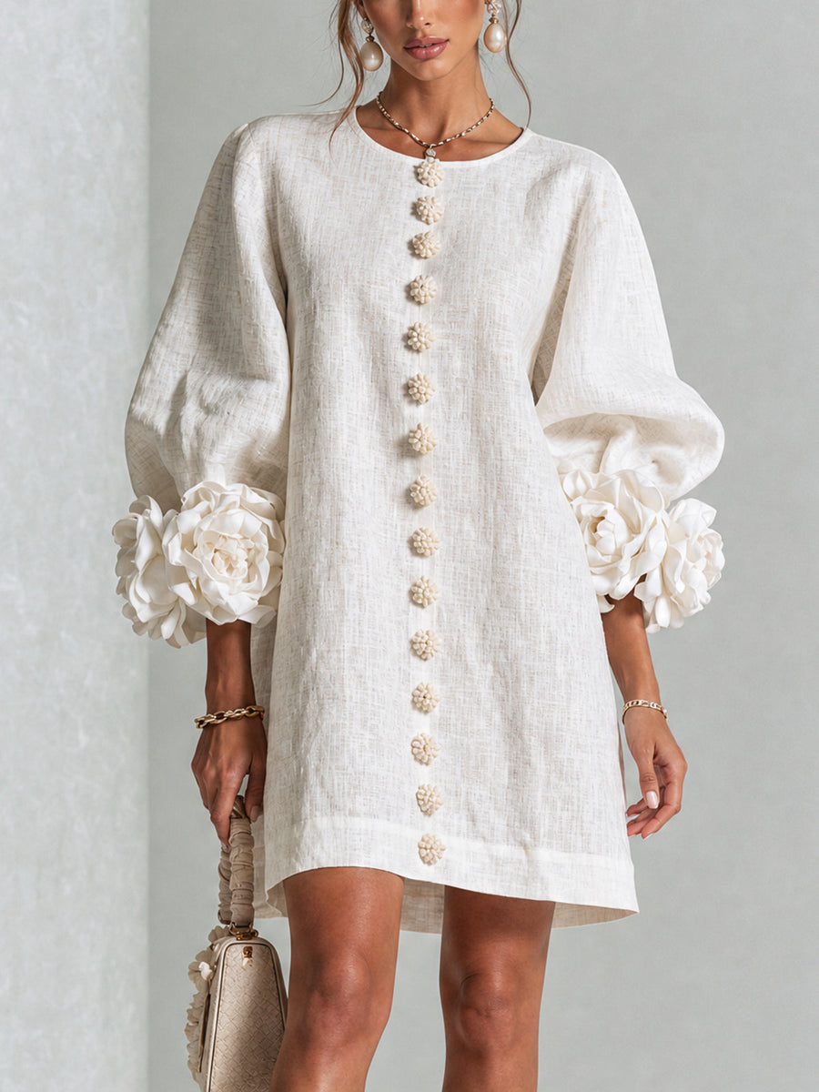 Amara Elegant Mini Dress with Floral Buttons