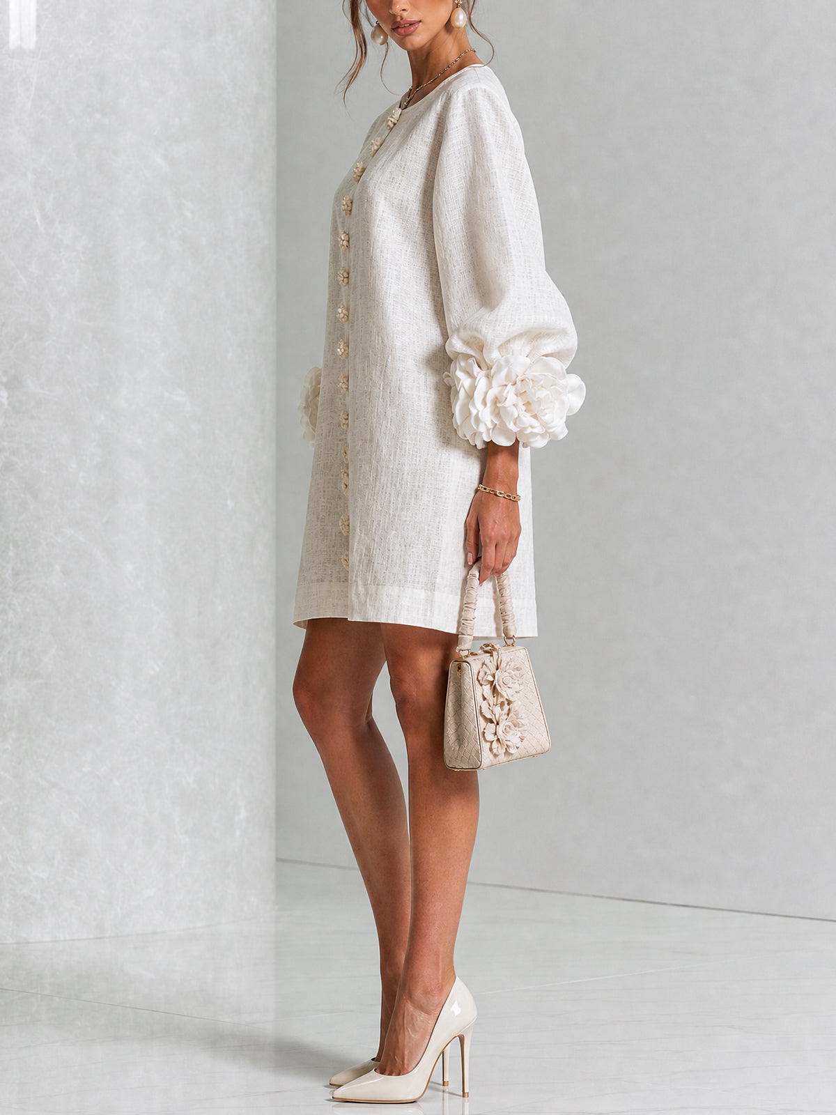 Amara Elegant Mini Dress with Floral Buttons