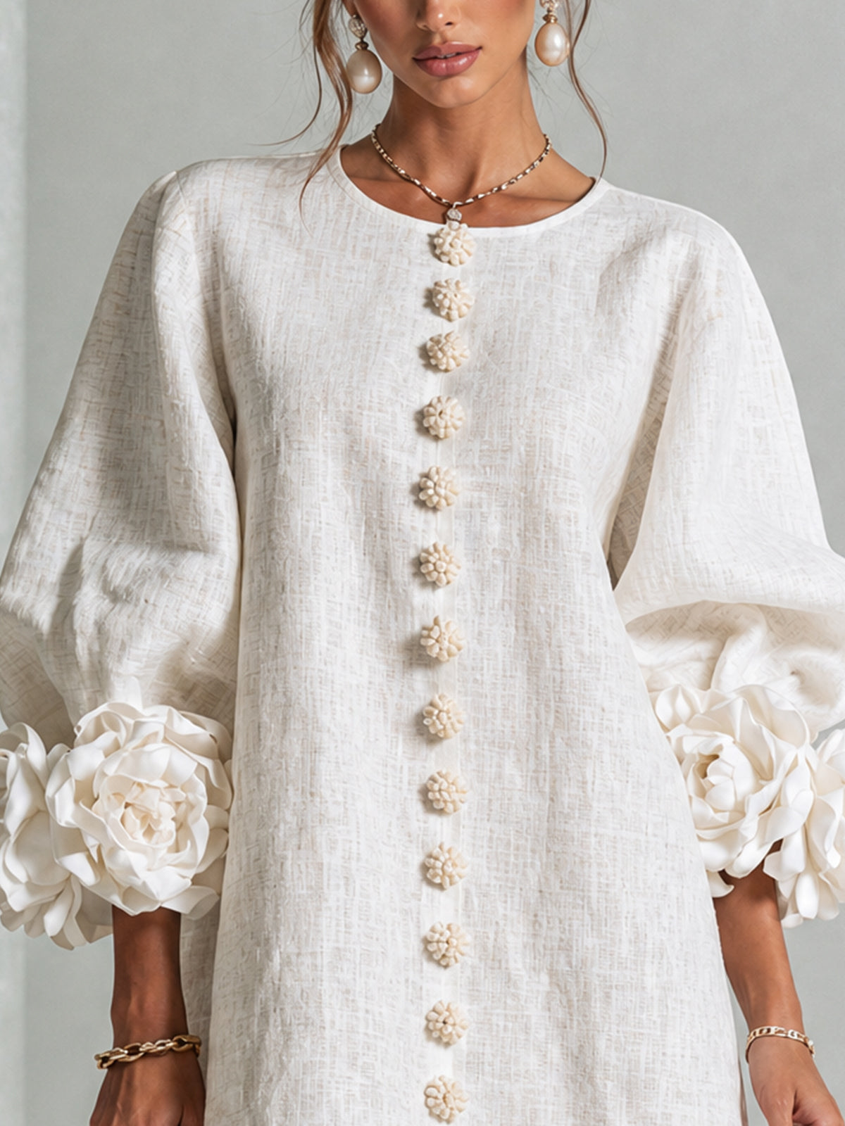 Amara Elegant Mini Dress with Floral Buttons
