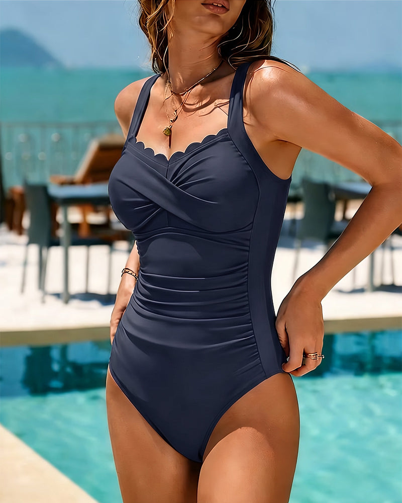 Nora | Scallop Trim Ruched Tummy Control Swimsuit