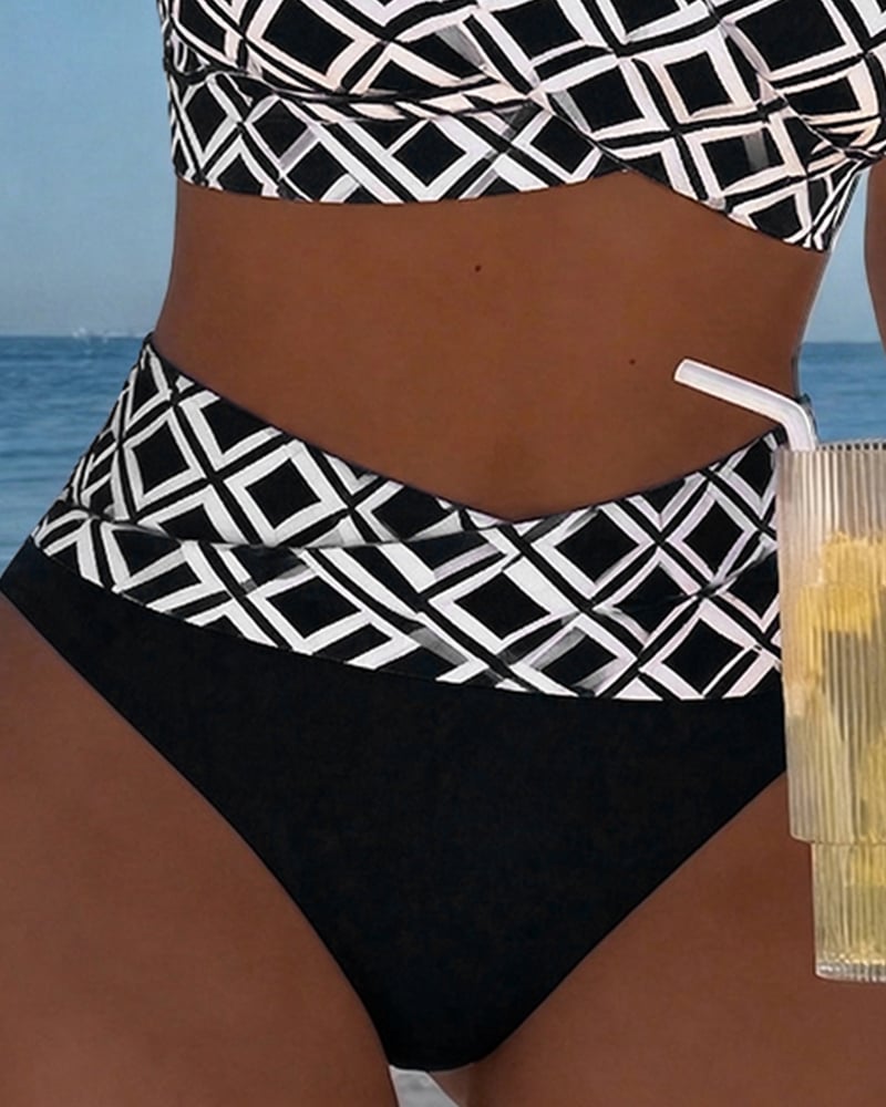 Nadia | Geometric Print High-Waist Bikini Set