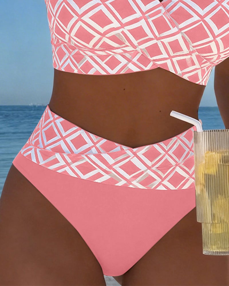 Nadia | Geometric Print High-Waist Bikini Set