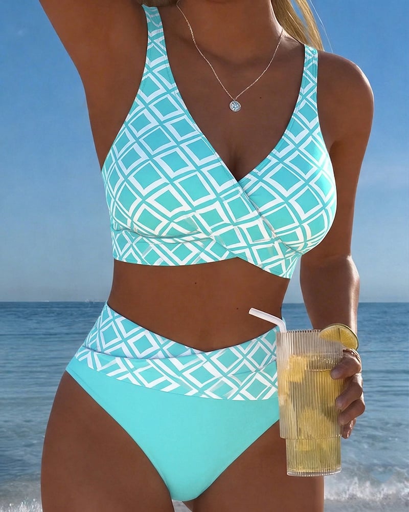 Nadia | Geometric Print High-Waist Bikini Set
