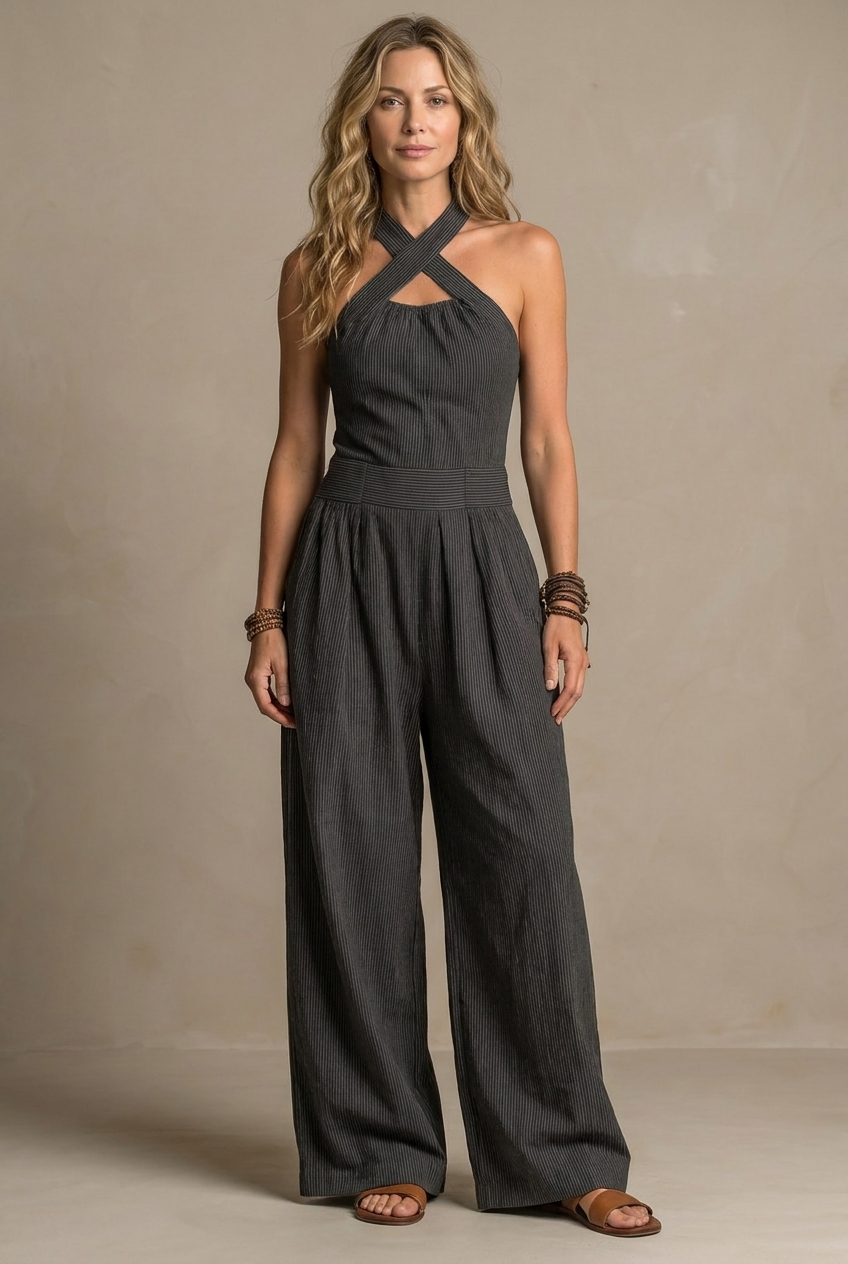 Wren | Crossover Halter Wide-Leg Jumpsuit