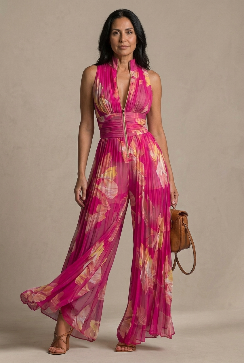 Nicole | Floral Print Pleated Wide-Leg Jumpsuit