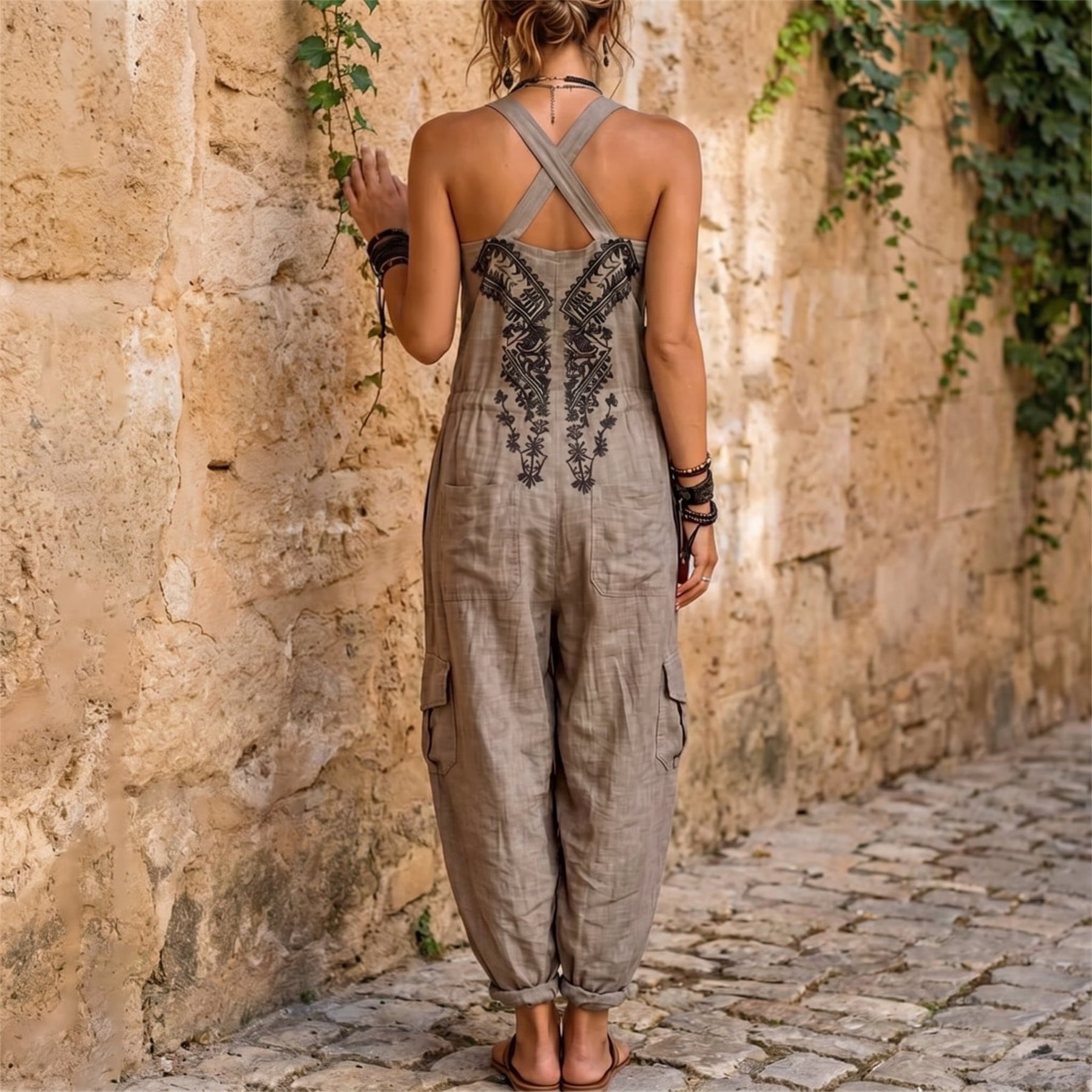 Erminilde | Embroidered V-Neck Harem Jumpsuit