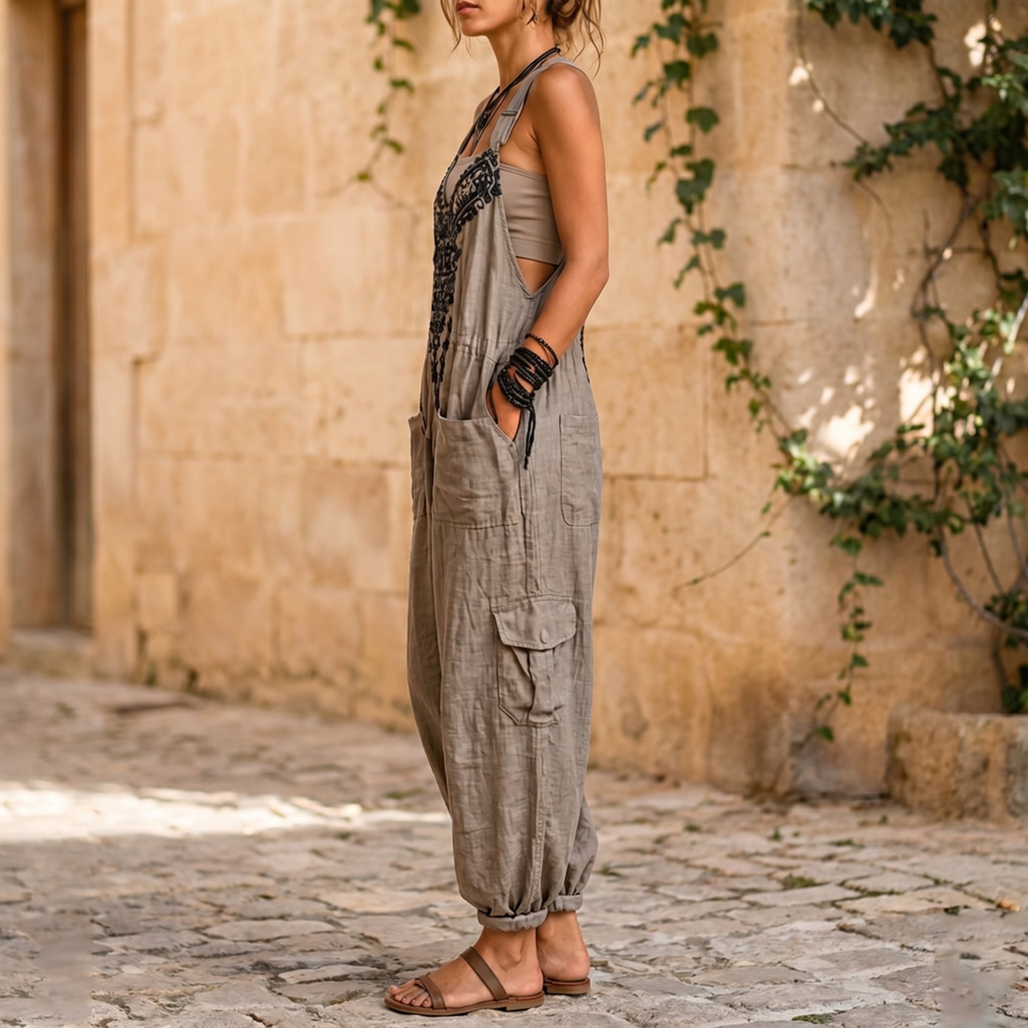 Erminilde | Embroidered V-Neck Harem Jumpsuit